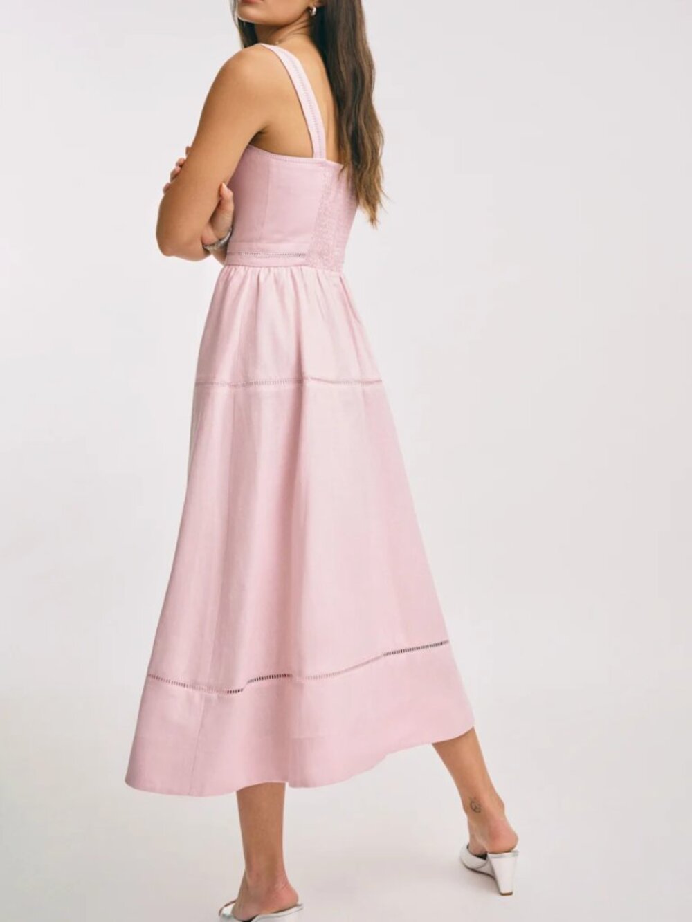 Reformation Everett Linen Midi Dress - Cherry Blossom Blush Pink Valentine's Day - Picture 3 of 10